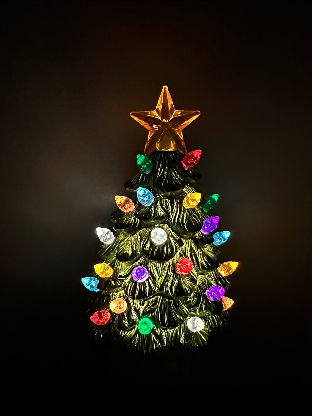 2x Ceramic Green Christmas Tree Night Light with Multicolor Lights and Star Top